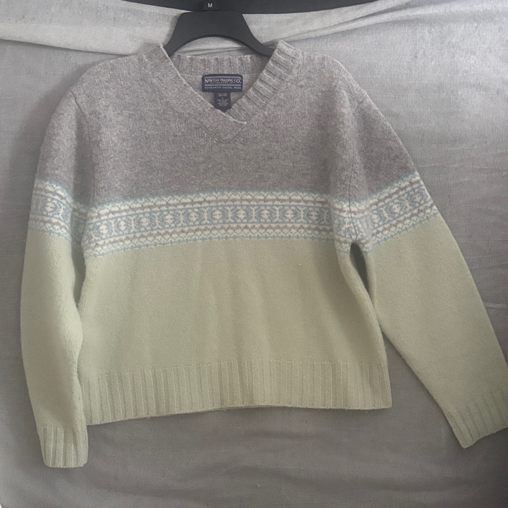 Women's V-Neck Sweater in Gray and Cream by Newton Trading CO